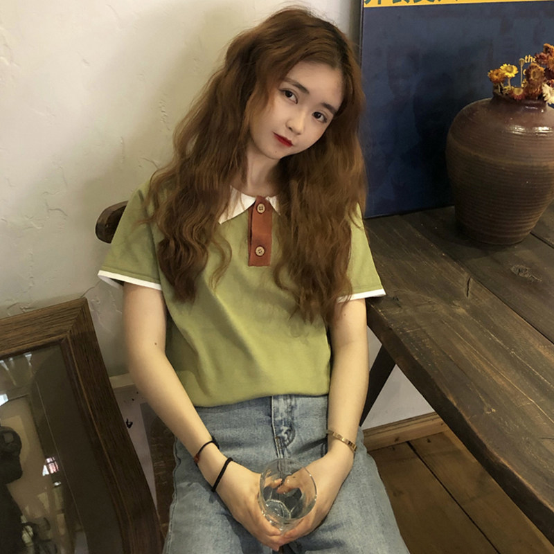 Summer new Korean version Loose Short Sleeve T-shirt Flipped Ice Silk Knit Cardigan Design Sensation Small Crowdwear Women Ins