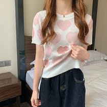 Fan-style printed short sleeve T-shirt female summer new love nail pearl ice silk knit cardigan design feel short and dont make a blouse