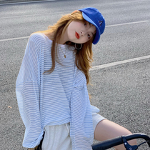 Design Sense Loose Stripes T-Shirt Woman Summer Sleeve Hooded Sweatshirt Long Sleeve Thin Air Conditioning Shirt Ice Silk Knit Cardigan