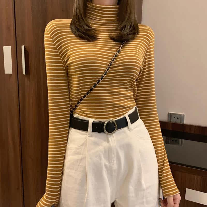 Autumn Winter New Body Internal Lap Stripe Thicken Beat Undershirt Woman Design Sensation Foreign Wear and semi-high collar knit blouse