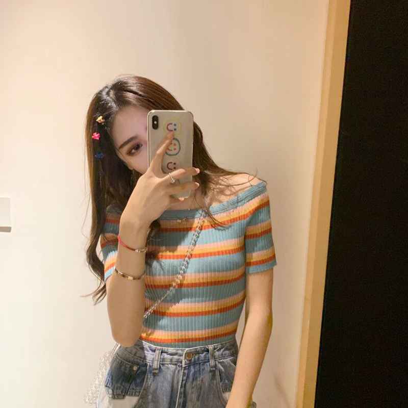Summer 2019 new rainbow striped short sleeve ice silk sweater slim slim collar shoulder top women tide