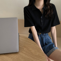 2022 Summer new black Flap Pure Cotton Short Sleeve T-shirt Woman Design Sensation Slim Polo Collar Short blouses