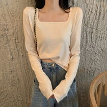 Spring new long sleeve square knit inside knit undershirt female design sensation little crowdsourced 100 hitch short on top of the blouses