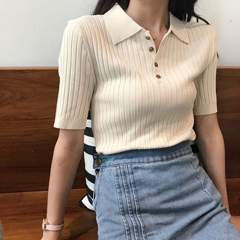 Summer new Korean version of the body slim polo collar ice jacket female polo 100 lap vertical thread short sleeve needle cardiovert