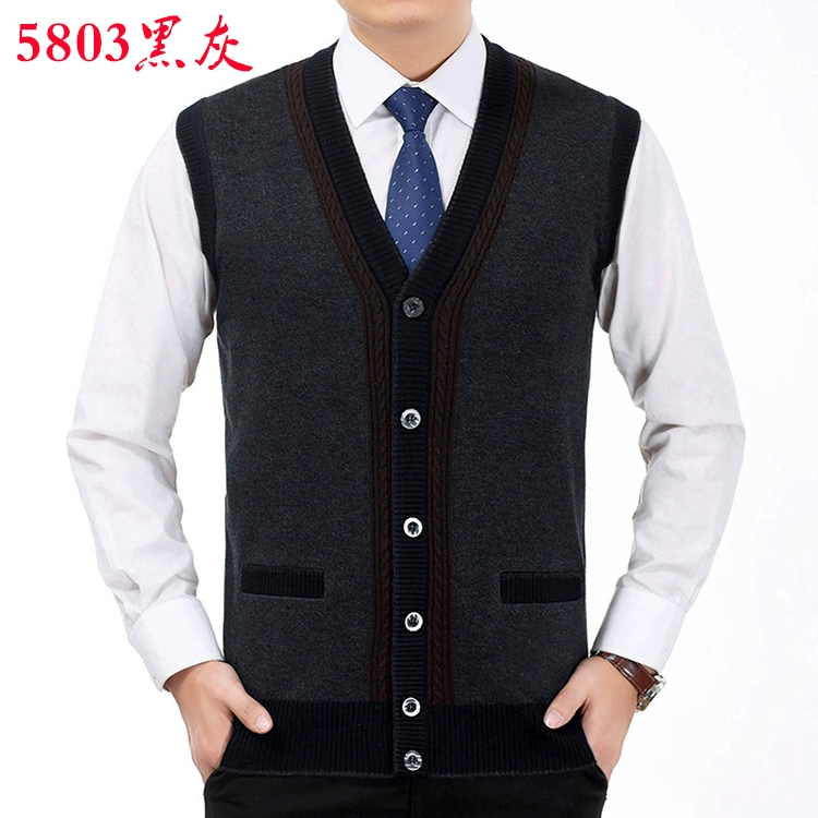 Mùa xuân và mùa thu dệt kim đan vest nam trung niên của nam giới v-cổ cardigan mỏng cashmere vest ông nội vest vest áo len khoác mỏng
