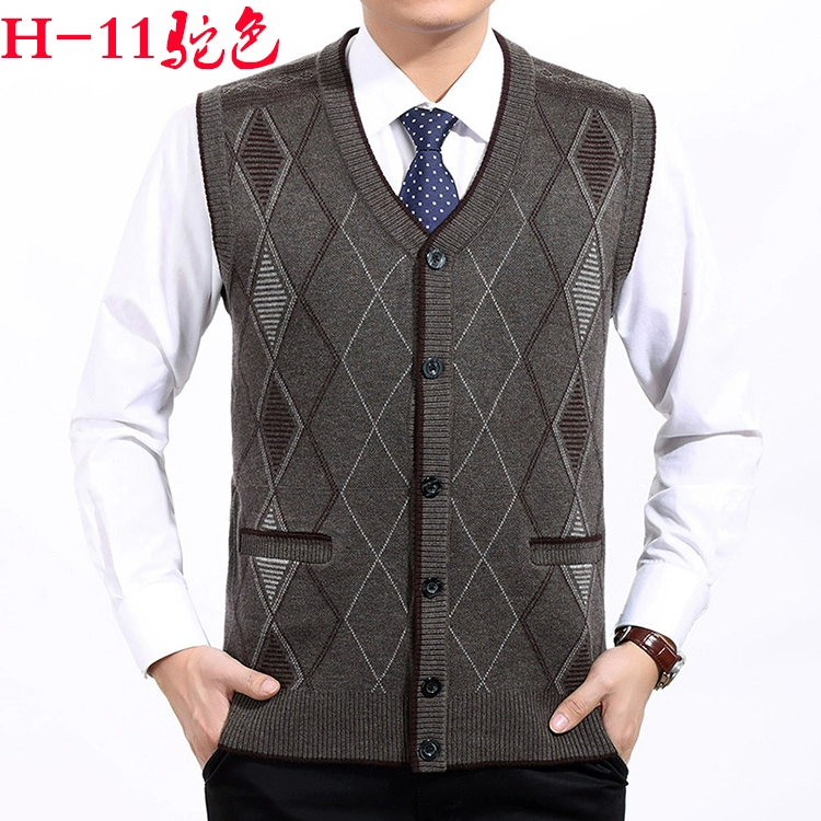 Mùa xuân và mùa thu dệt kim đan vest nam trung niên của nam giới v-cổ cardigan mỏng cashmere vest ông nội vest vest