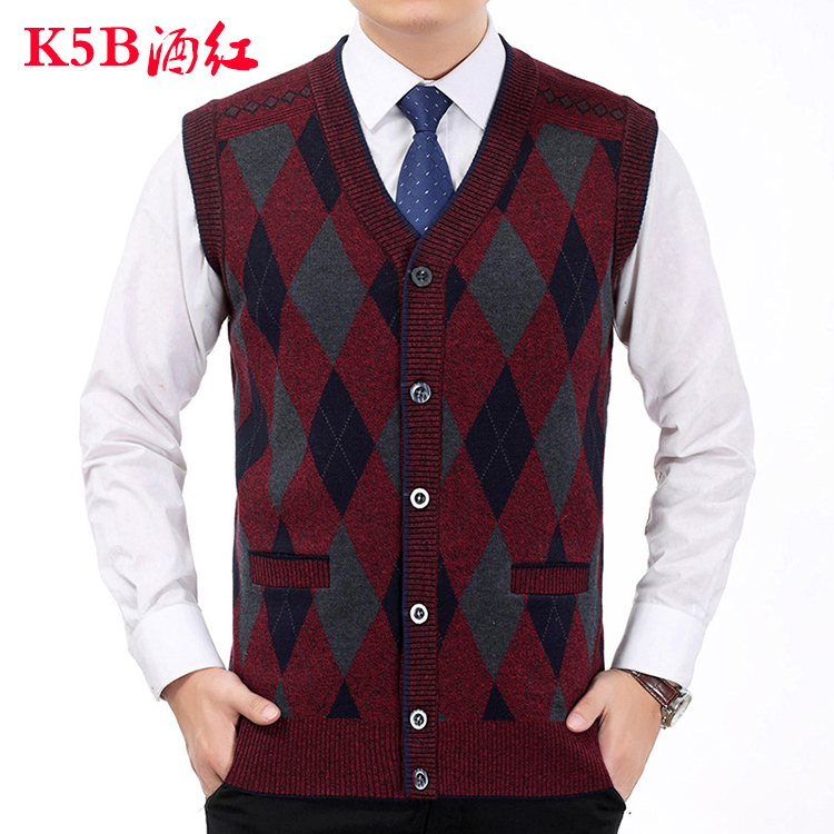 Mùa xuân và mùa thu dệt kim đan vest nam trung niên của nam giới v-cổ cardigan mỏng cashmere vest ông nội vest vest