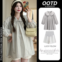Maternity shirt summer thin 2024 new fashion pregnancy belly cover slimming doll collar shirt top shorts