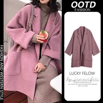 Pregnant womens autumn and winter new double-sided woolen cocoon-shaped pink cashmere woolen coat short style small high-end woolen coat