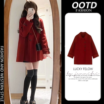 Pregnant woman red Hepburn style right shoulder double-sided cashmere woolen coat for women autumn and winter new style wealthy daughter woolen coat