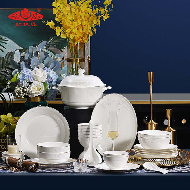 Red rose bone china tableware set household dishes and dishes housewarming gifts