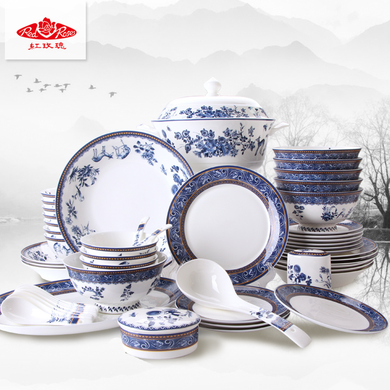 Tang Shanhong rose lead - free ipads China tableware suit household suit combination dishes Chinese dishes blue and white porcelain