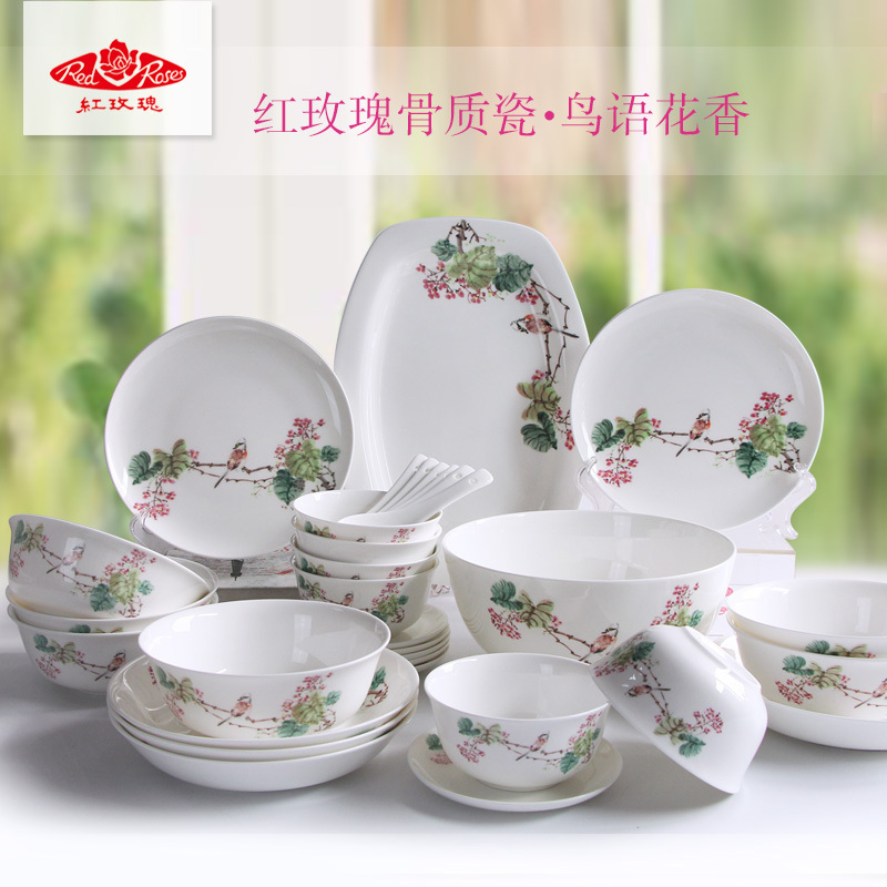 Ceramic bowl Tangshan bone porcelain Red rose bone porcelain tableware Chinese pastoral style household bowls and dishes single product collocation