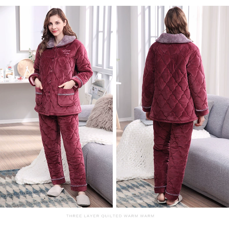 Mùa đông dày san hô lông cừu phụ nữ đồ ngủ trung niên mẹ flannel quilted quần áo nhà kích thước lớn áo khoác cotton đặt