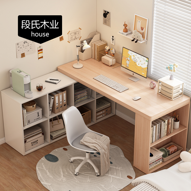 Solid Wood Corner Desk Student Home Bedroom Study Corner Computer Dressing Table L-Shaped Bookcase Bookshelf Integrated Desk