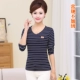 Mùa xuân trung niên áo thun cotton cổ chữ V size lớn cho nữ dài tay sọc đáy áo mẹ đầm mùa hè nữ áo kiểu nữ đẹp tuổi 40