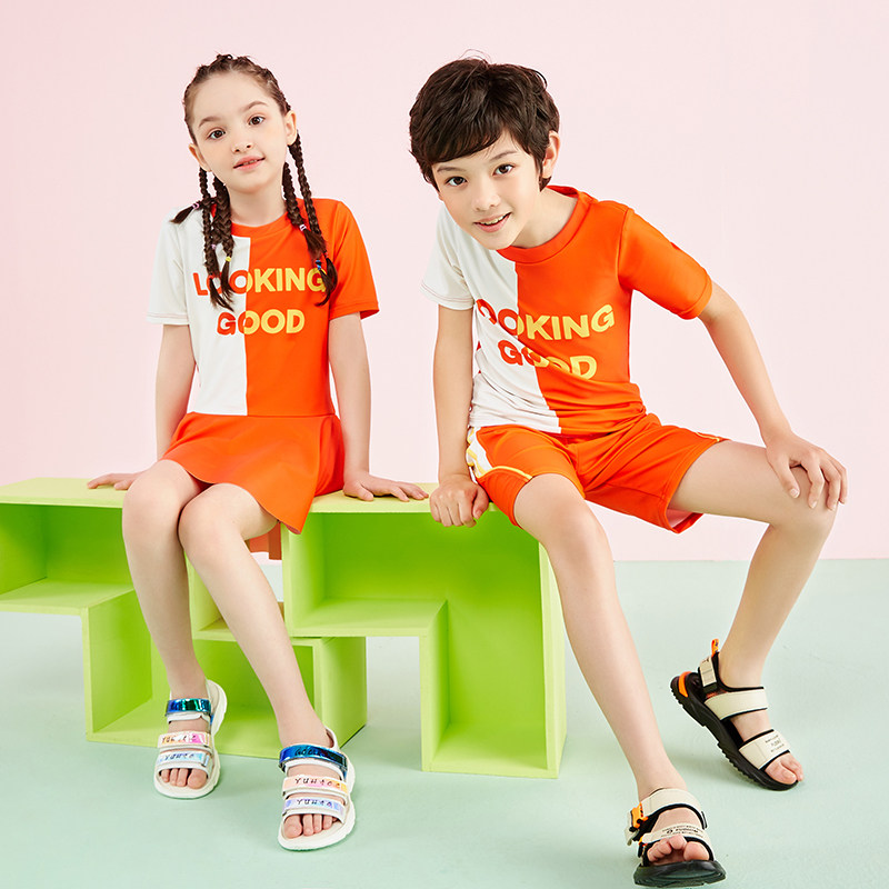 New swimsuit cute girl one-piece skirt style big boy split body half sleeve hot spring sports water holiday outfit