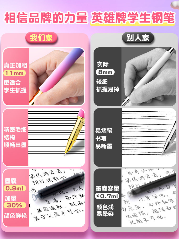 Hero Brand Fountain Pen for Third-Grade Elementary School Students, Special for Practicing Calligraphy, First Volume, Suitable for Fourth-Grade Boys and Girls, High-Quality Appearance, Beginner-Friendly, Replaceable Ink Cartridges, Genuine Official Product