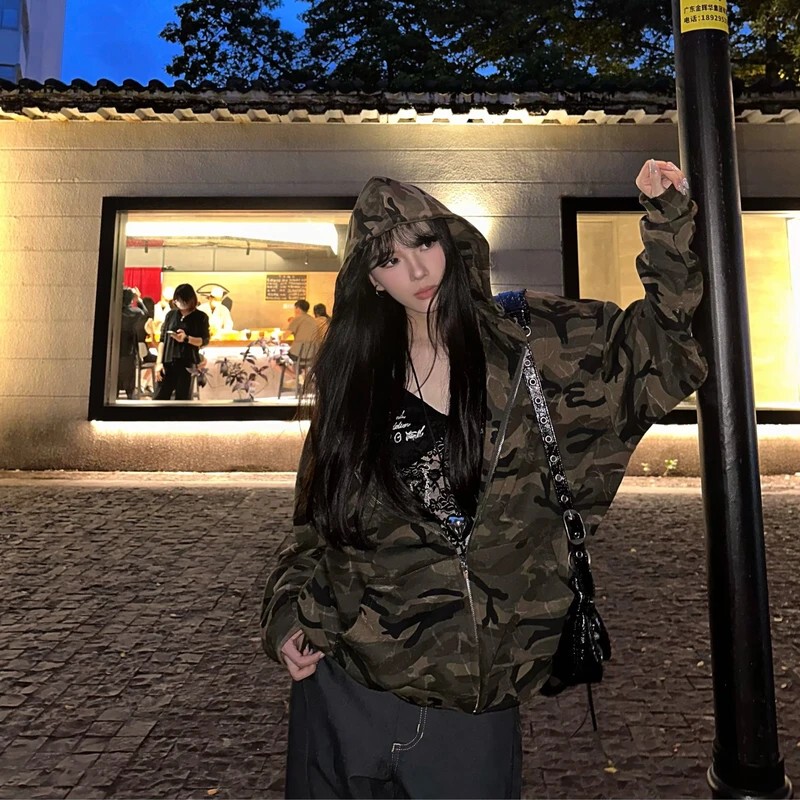 Hottiediary American Retro Fission Texture High-End Sexy Girl ins Sense Camouflage Hooded Sweatshirt Jacket