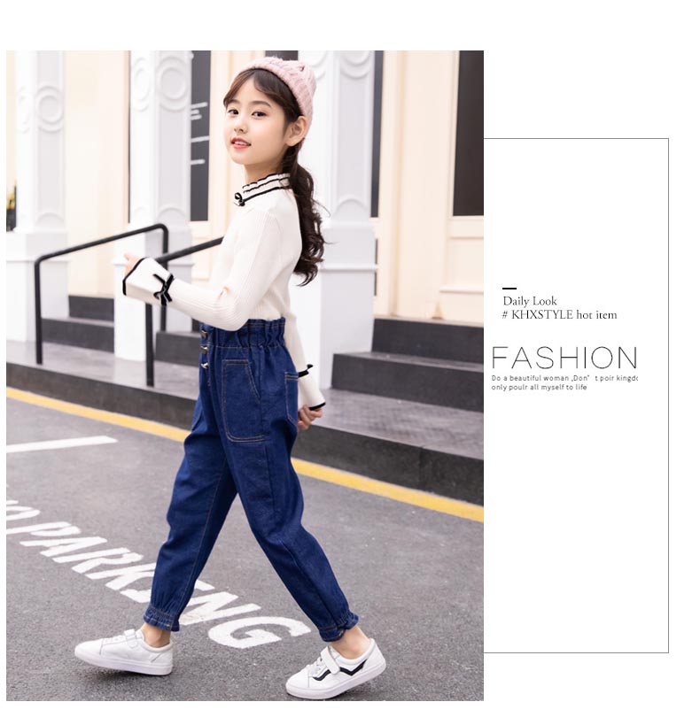 Quần jeans nữ cộng nhung 2018 thu đông phong cách mới trong quần lửng ống rộng trẻ em dày cạp cao cạp cao quần jean trẻ em giá rẻ