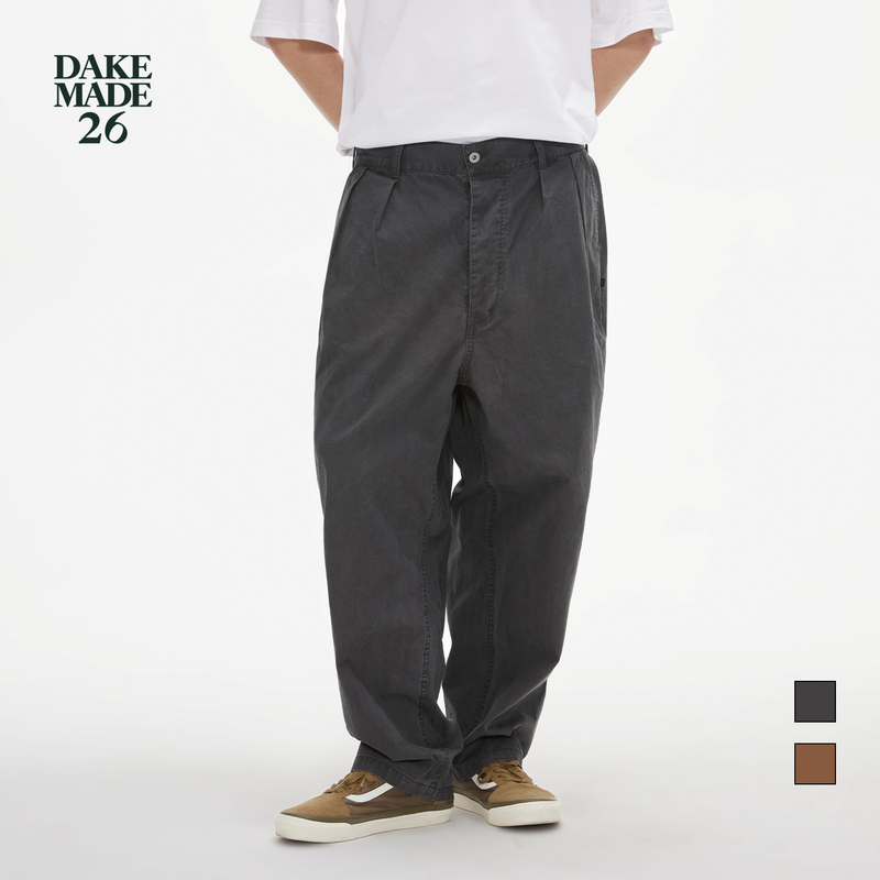 Dake Made26Chino Double-Pleated Vintage Washed Slub Plain Breathable Loose Straight-Leg Slightly Tapered Casual Trousers
