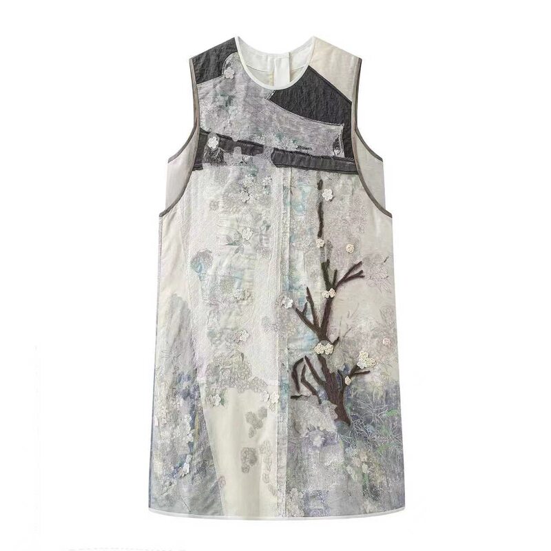 [Same Style as in the Mall] 2026 Summer Vintage Round-Neck Mid-Length Printed Patchwork Embroidered Sleeveless Dress for Women