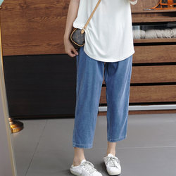 Giant soft and waxy large size fat mm Tencel jeans for women with slightly stretchable elastic waist to cover the flesh and look slimming casual daily eight-point pants