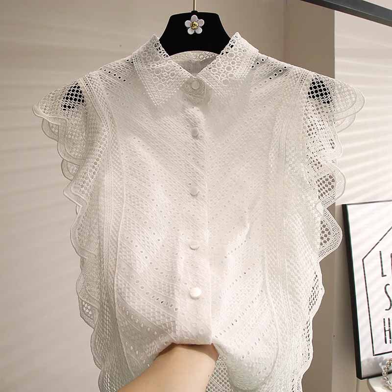 Fashionable Water-Soluble Lace Solid Color Patchwork Hollow Embroidery Sleeveless Shirt Single-Breasted Elegant Loose Cotton Top Trendy