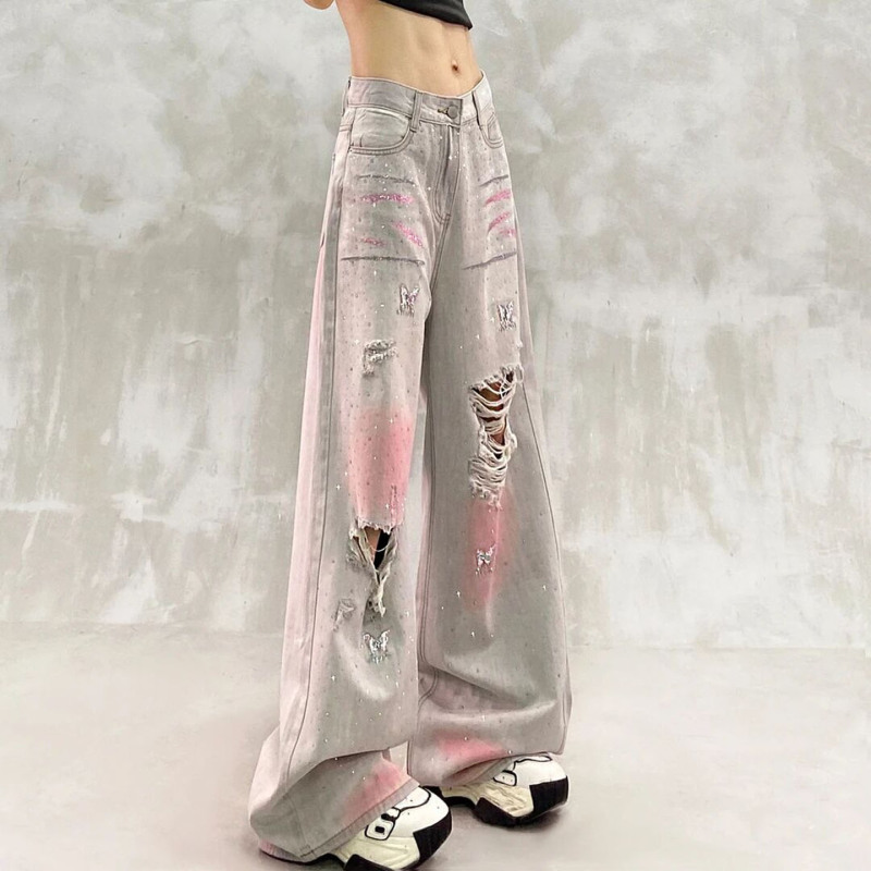 Rhinestone Spray-Painted Washed Ripped Casual Jeans for Women, New Summer Style, High-Waisted, Loose Fit, Slimming, Versatile Straight Wide-Leg Pants
