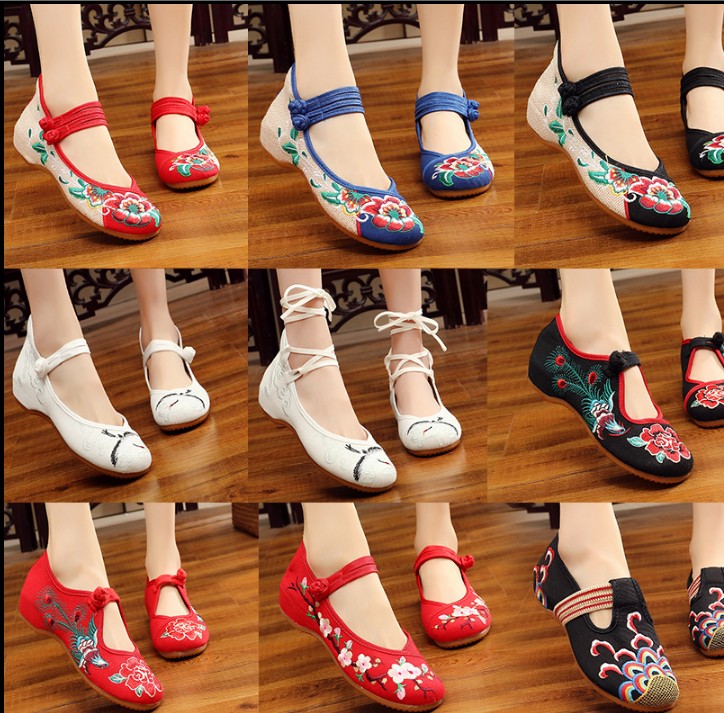 Retro embroidery flowers anti-slip thick bottom ethnic wind spring and summer Han clothes Beijing Old cloth shoes dance women's single shoes Han version 100 lap