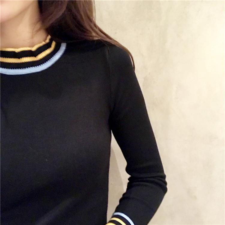 Retro Hàn Quốc chic màu tương phản sọc cổ áo ren đáy áo sơ mi mỏng phần dài tay áo thun áo len áo kiểu nữ