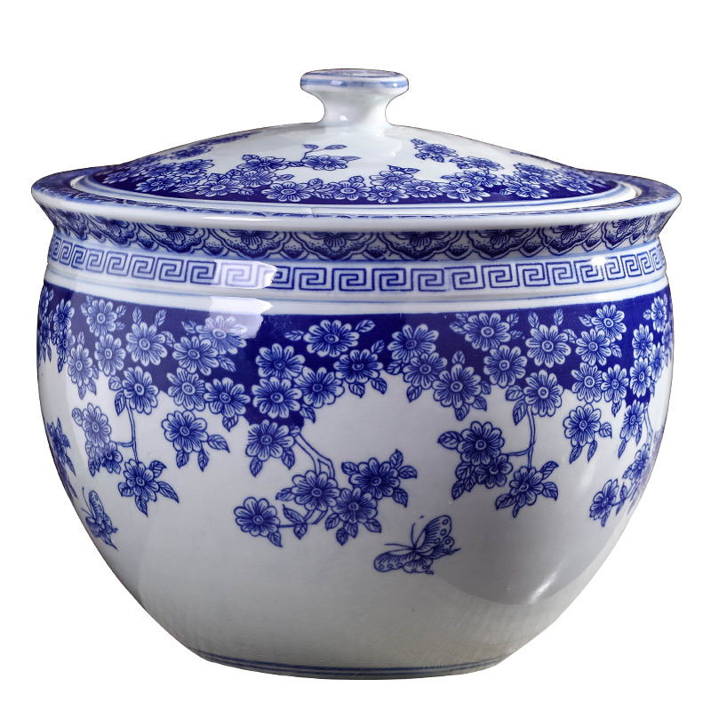 Jingdezhen blue and white porcelain tea pot with cover household ceramics from 20 jins puer tea cake storage tank sealing a large