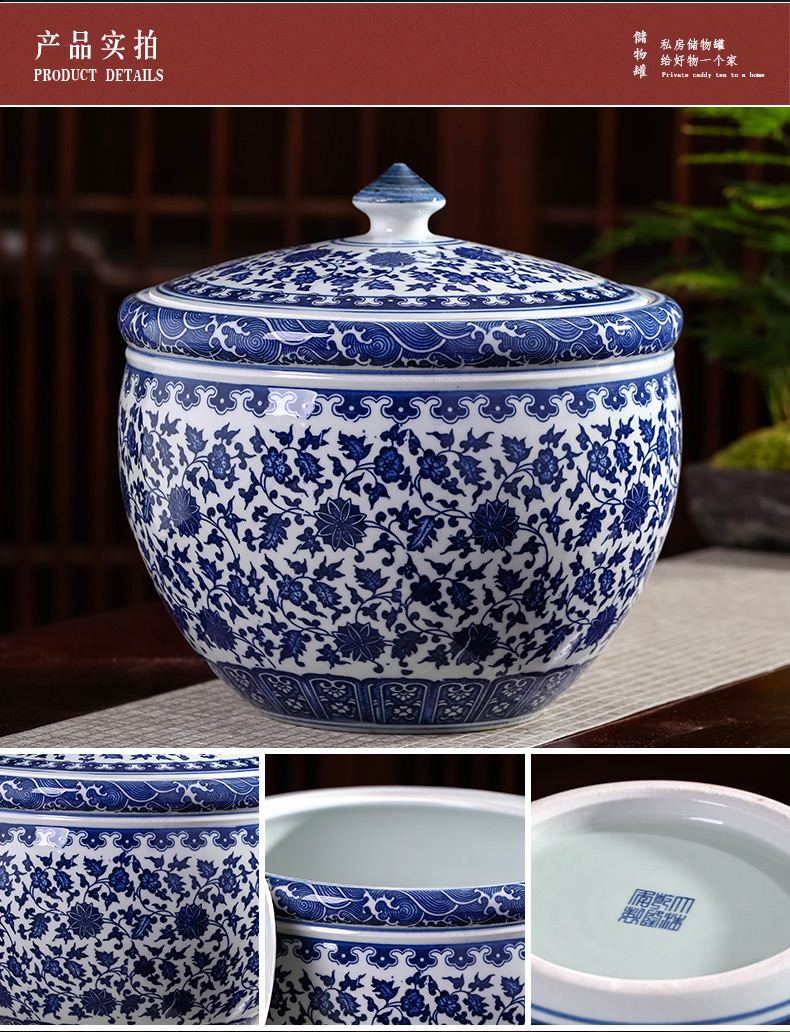 Jingdezhen blue and white porcelain tea pot with cover household ceramics from 20 jins puer tea cake storage tank sealing a large