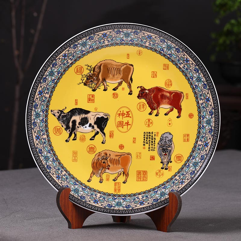 Hang dish of jingdezhen ceramics decoration plate five NiuTu Chinese style living room porch crafts rich ancient frame furnishing articles