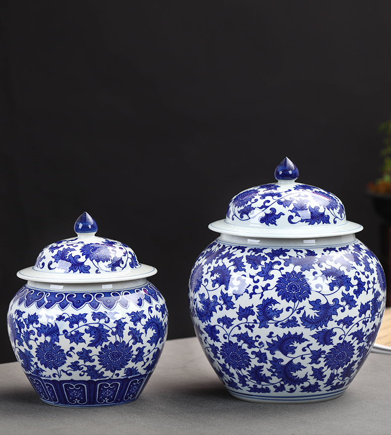 Blue and white porcelain of jingdezhen ceramics general tank storage tank pickle jar with cover Chinese sitting room adornment is placed