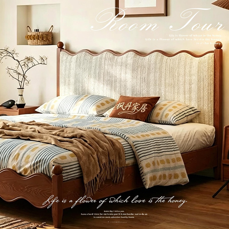 French-Style Vintage Ripple Bed for Home Use, Double Bauhaus Wabi-Sabi Wedding Bed, Master Bedroom 1.8m Mid-Century Style Solid Wood Storage Bed