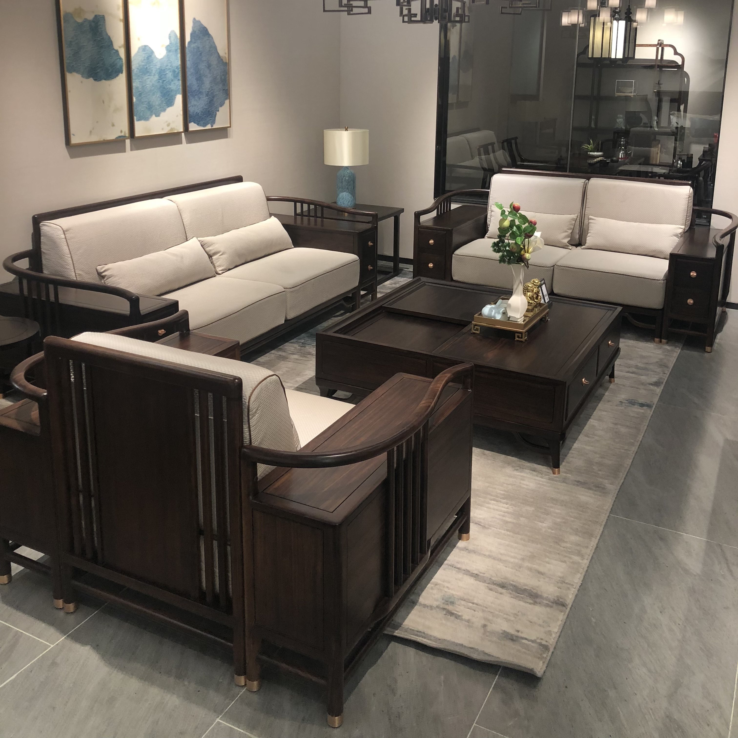 New Chinese-style solid wood sofa combination simple light luxury high-end ebony wood large-sized villa living room furniture customization