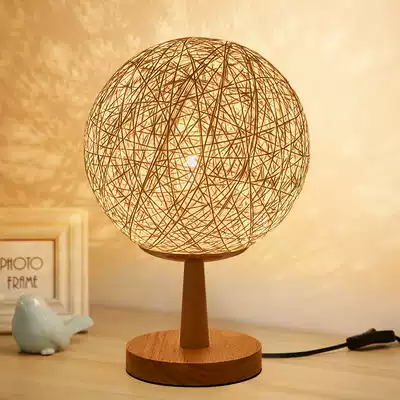 Bedroom bedside romantic intelligent remote control dimming LED night light solid wood twine rattan ball simple pompel lamp small table lamp