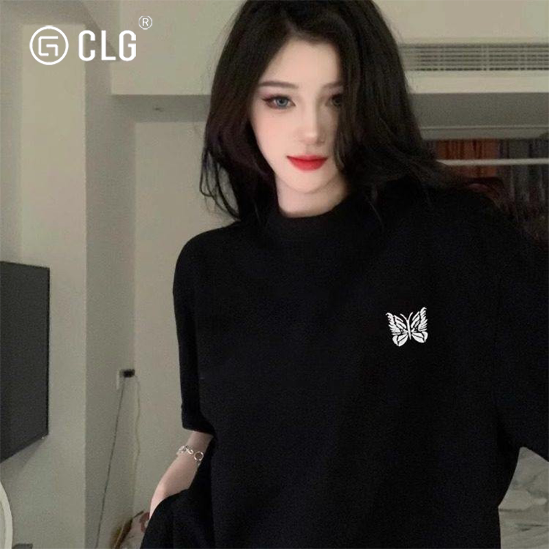 French Clg Trendy Designer Pure Cotton Black Short-Sleeved T-Shirt for Women, New Summer Loose Half-Sleeve Design Top