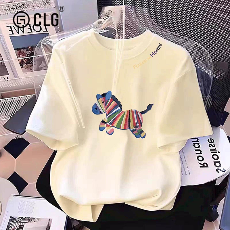 French Clg Trendy Brand Designer Pony Print White Short-Sleeved T-Shirt for Women, Loose and Slimming Round Neck Half-Sleeve Top
