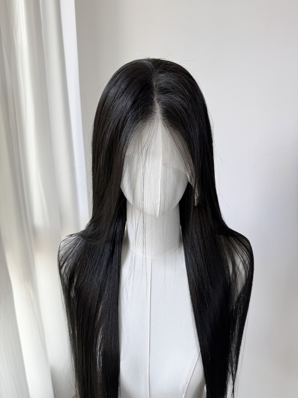 [Natural Black 2.0] Imported Japanese Silk Lightweight Black Long Straight Hand-Crocheted Large Lace Wig Realistic Full Head Cover