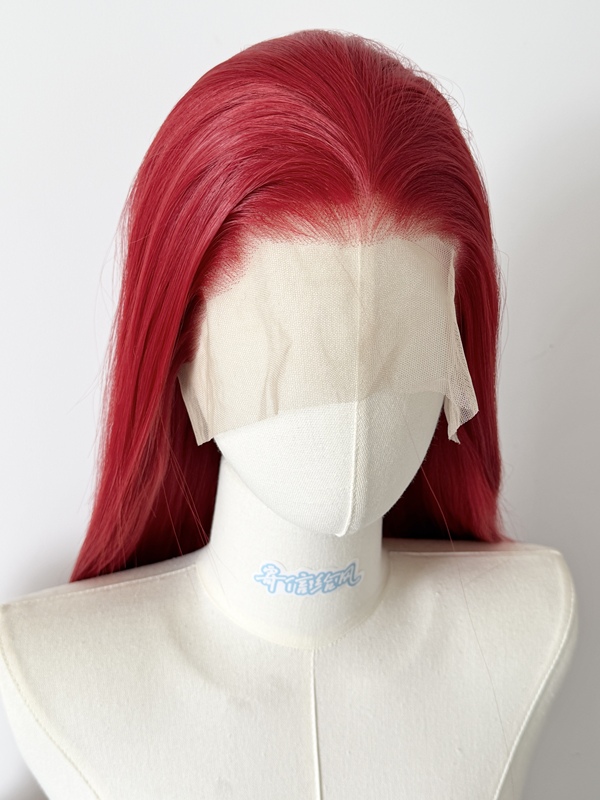 Bright Red Lace Front Wig for Cosplay, Hand-Crocheted Raw Hair, High-Temperature Fiber, Full Head Wig, Customizable Parting, 80cm