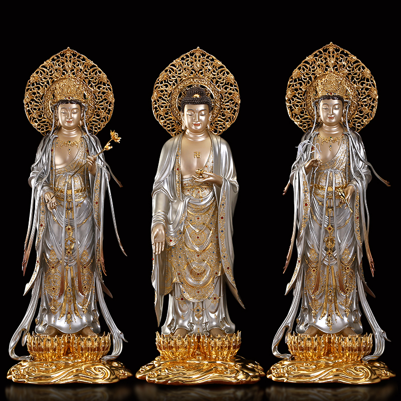 Taiwan Pure Copper Western Three Holy Buddha statue of copper statue to audio Buddha for household Amita Buddha statue