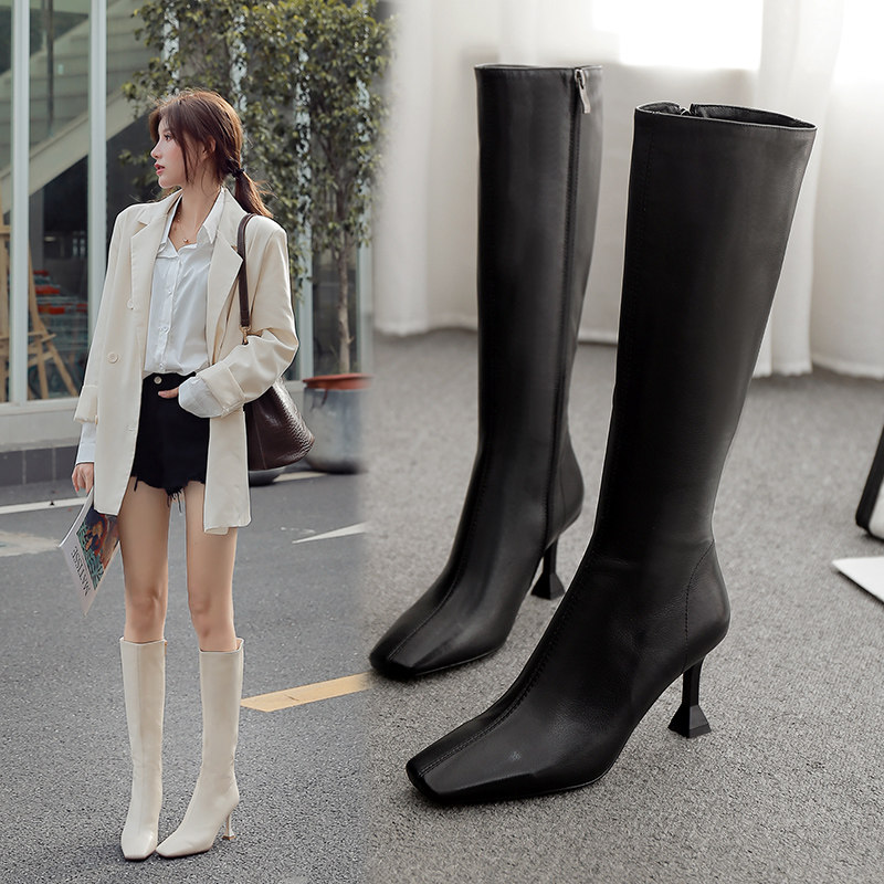 Boots women's 2022 new autumn and winter plus velvet large tube thick leg boots white leather but knee temperament boots