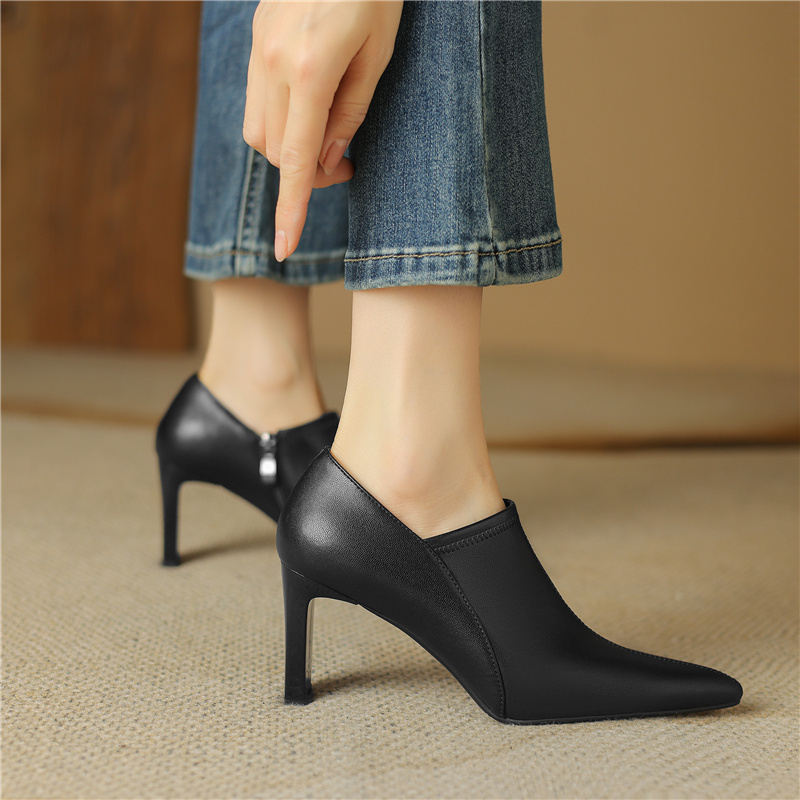 Sheepskin Black High-Heeled Shoes for Women, Pointed Toe, Chunky Heel, French-Style Short Boots, Spring and Autumn, Fleece-Lined Ankle Boots, Single Boots, Deep-Cut Single Shoes