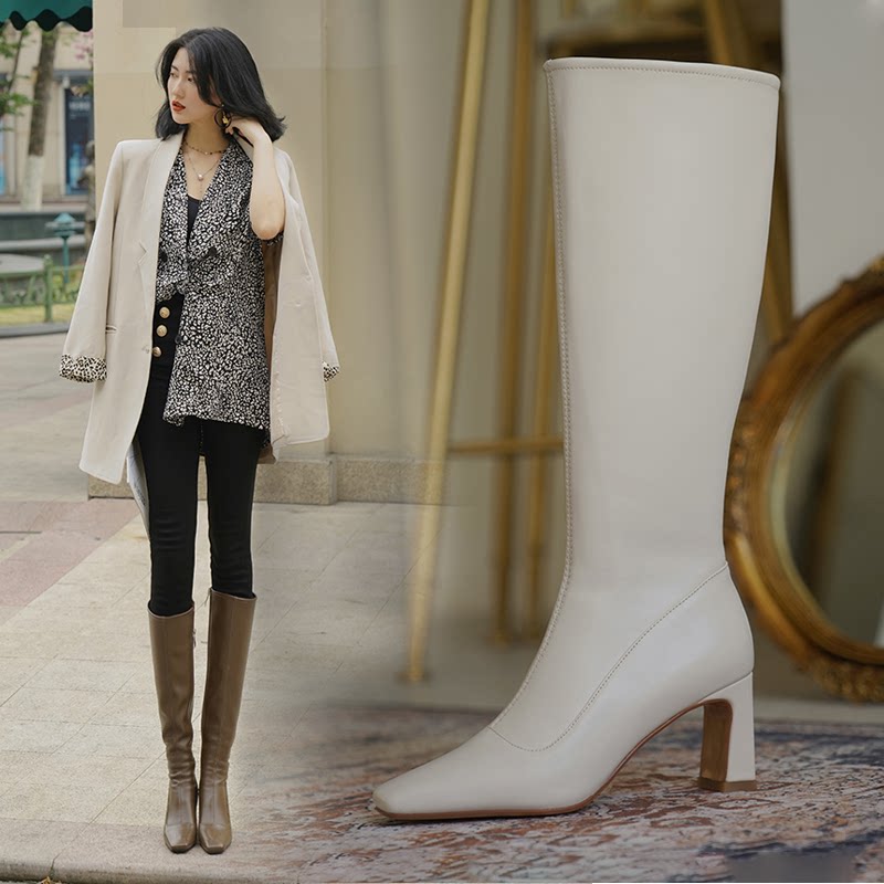 White sheepskin boots women's high-heeled knee-high French square toe chunky heel spring and autumn single boots brown leather knight boots