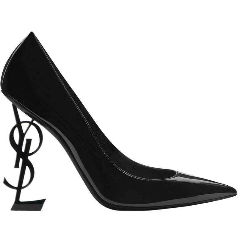 Women's High Heels in Park Chae-Young's Style, Gold Letter Heels, Patent Leather Pointed Toe Single Shoes, Black Patent Leather Shoes 2025