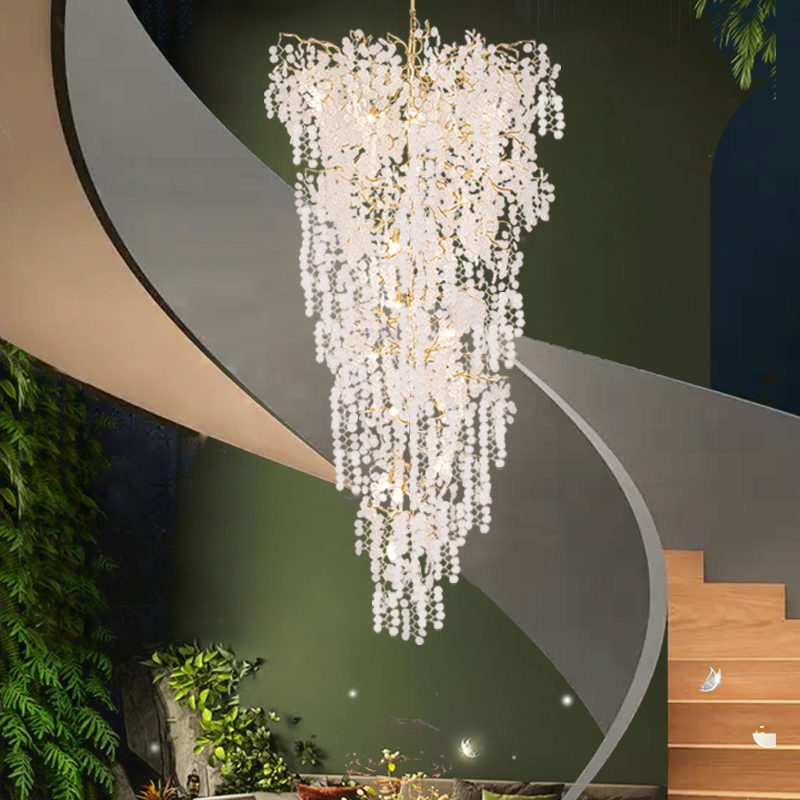 Staircase Chandelier, Hollow Crystal Money Tree in the Stairwell, Villa Living Room, Lobby, Duplex Building, Large Chandelier, Rotating