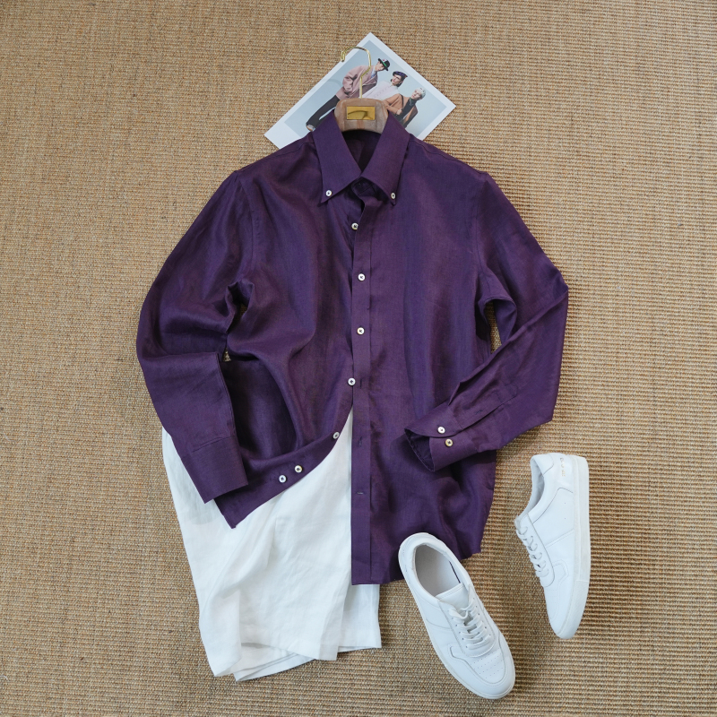 Cgentman Naples Queen Haute Couture 100% Linen Long Sleeve Shirt Men's Pointed Button Collar Niche Purple Shirt