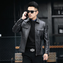 Autumn and winter new Haining leather leather mens first layer cowhide short lapel slim motorcycle leather jacket jacket handsome